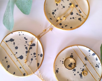 Handmade Ink Spot Ring Dish, black and white, gold detail