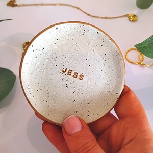 Handmade Personalised Ring Dish, gold and paint splatter, bridesmaid, birthday, wedding, anniversary gift, present, gift