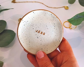 Handmade Personalised Ring Dish, gold and paint splatter, bridesmaid, birthday, wedding, anniversary gift, present, gift