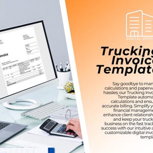 Puede incluir: Una pantalla de ordenador que muestra una plantilla de factura de transporte por carretera con el texto "Plantilla de factura de transporte por carretera" y una descripción de los beneficios de utilizar la plantilla. La pantalla está en un escritorio con un portátil y una calculadora.