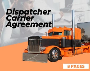 Può includere: Un camion semi-rimorchio nero e arancione con il testo "Dispatcher Carrier Agreement" e "8 Pages" sull'immagine. Il camion ha una griglia nera e dettagli cromati.