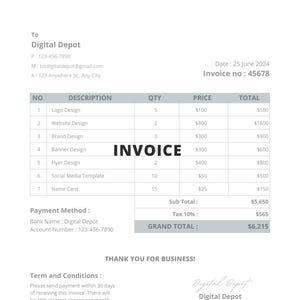 May include: A digital invoice from Digital Depot, dated June 25, 2024. The invoice lists services like Logo Design, Website Design, and Social Media Templates. The total amount due is $6,215.