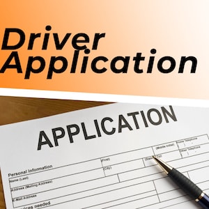 May include: A driver application form with the title "Driver Application" printed at the top. The form has sections for personal information, including name, address, and email address. A pen is lying on the form.
