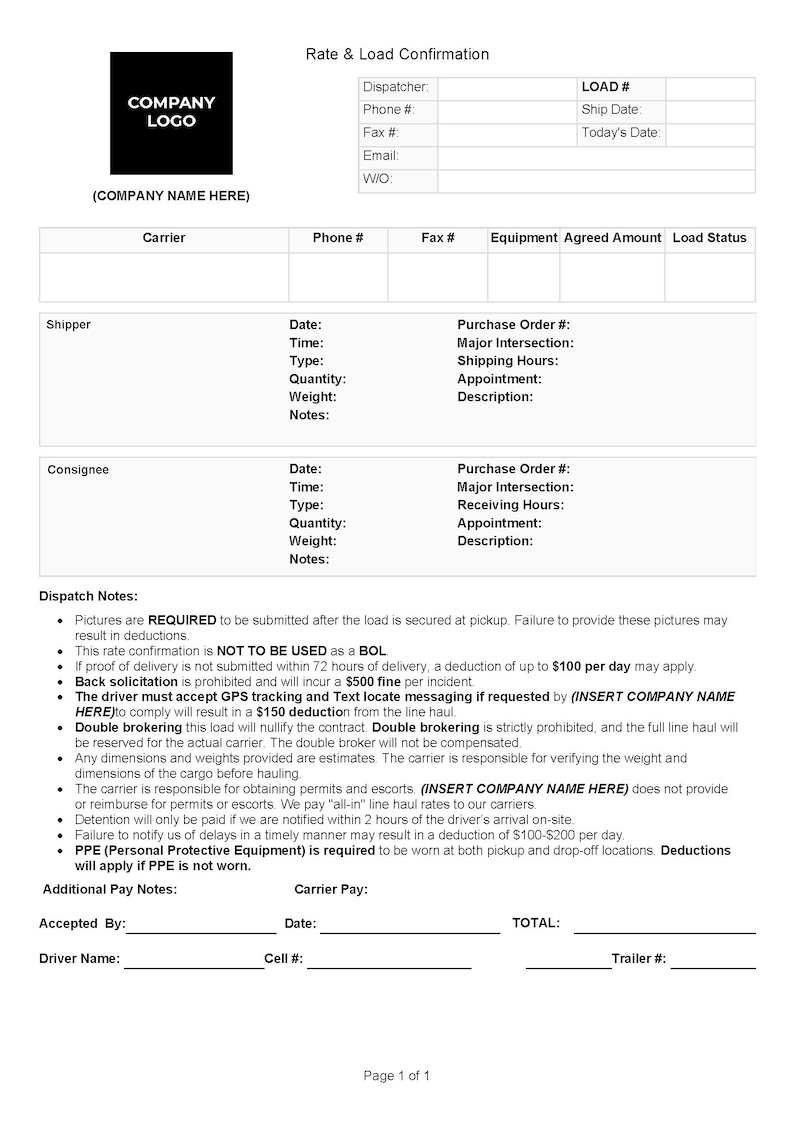 Printable Load Confirmation Sheet.pdf DFY/ Done for You Rate Confirmation Agreement Template | Trucking ...
