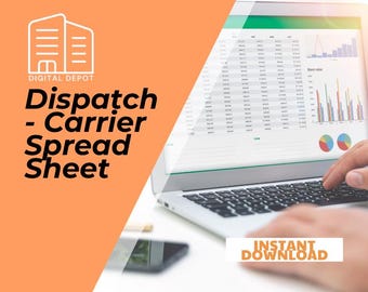 May include: A laptop computer with a spreadsheet open on the screen. The spreadsheet shows data in rows and columns, with charts and graphs. The text on the screen reads "Share Value". The laptop is on a white surface. The text "Dispatch - Carrier Spread Sheet" is on a peach background with a white building icon. The text "Digital Depot" is below the building icon. The text "Instant Download" is on a peach background.