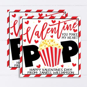 バレンタイン ポップコーン ギフト タグ、編集可能なポップコーン ギフト タグ、You Make My Heart Pop ギフト タグ、教室の学校ギフト、バレンタイン ギフト タグ
