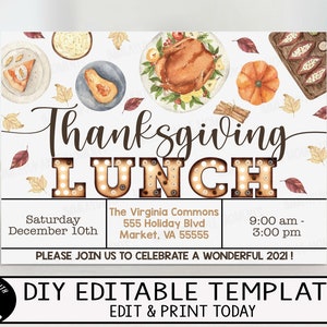 May include: A printable Thanksgiving lunch invitation with a watercolor design featuring fall leaves, pumpkins, and food. The text reads "Thanksgiving Lunch" with a vintage marquee light design. The invitation includes the date, time, and location of the event. The text also reads "Please join us to celebrate a wonderful 2021!" and "DIY Editable Template. Edit & Print Today."
