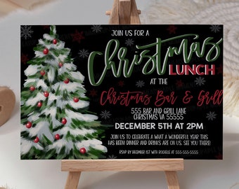 May include: A Christmas party invitation with a festive green and red colour scheme. The invitation features a hand-painted illustration of a Christmas tree with red baubles and white snow. The text reads "Join us for a Christmas Lunch at the Christmas Bar & Grill, 555 Bar and Grill Lane, Christmas VA 55555, December 5th at 2PM. Join us to celebrate what a wonderful year this has been. Dinner and drinks are on us. See you there!"