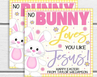 Puede incluir: Un fondo de cuadros amarillos y blancos con una ilustración de un conejo rosa. El texto dice "No bunny loves you like Jesus! Happy Easter! From Taylor Williamson."