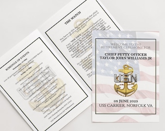 US Navy Chief Retirement Program, Pinning Ceremony, E7 Retirement Ceremony Booklet, Editable Printable Template Download, Military Pamphlet