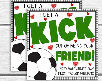 Puede incluir: Una tarjeta de San Valentín con un balón de fútbol y el texto "I get a kick out of being your friend! Happy Valentine's Day! From Taylor Williams."