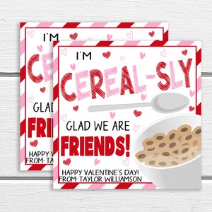 Tag regalo di cereali di San Valentino, Tag per la colazione modificabile, Sono contento che siamo amici Tag regalo, Studente Insegnante Classe School Boy Girl
