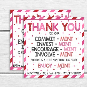 Valentines Mint Tags, Thank You Labels, Mint Candy Gift Tags, Valentine Appreciation Gift Tag, Teacher Staff Employee Client Office Nurse