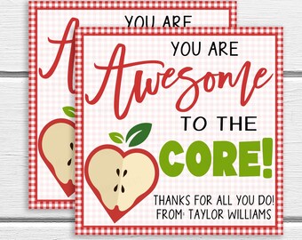Teacher Apple Gift Tags, You Are Awesome To The Core, Teacher Appreciation Week, School Staff Administration PTA PTA, Thank You Label