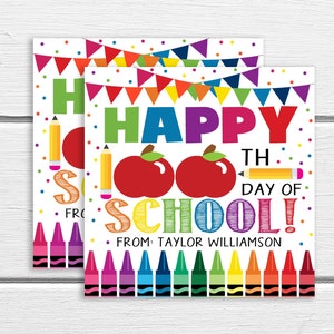 Feliz 100º dia da etiqueta de presente escolar, etiqueta editável do 100º dia, escola PTA PTO, etiqueta de presente de administração de crianças para professores em sala de aula, faça você mesmo