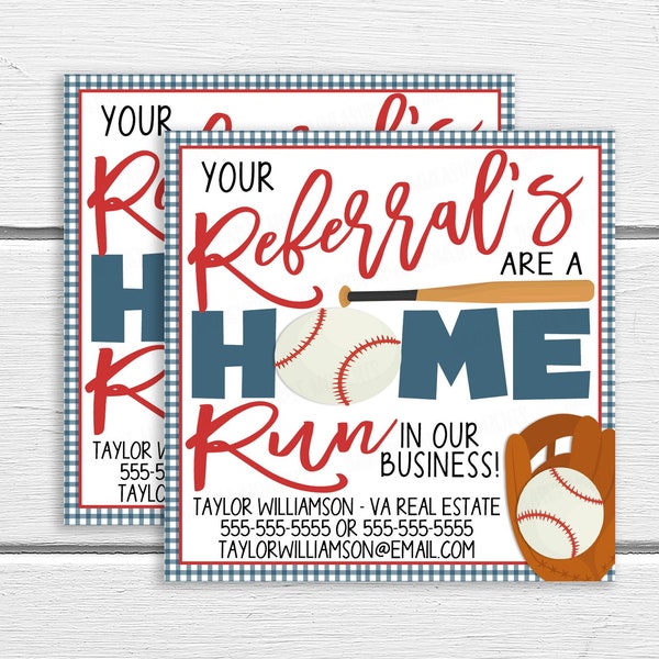 Baseball Marketing Tags, Your Referrals Are A Home Run In Our Business, Real Estate Marketing, Client Appreciation, Sales Editable Printable