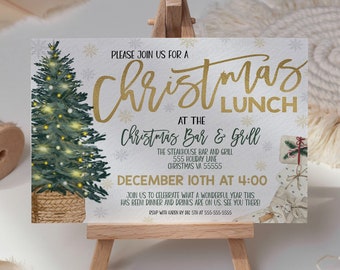 May include: A Christmas lunch invitation featuring a festive illustration of a decorated Christmas tree and presents. The invitation is for 10th December at 4:00 PM at the Christmas Bar & Grill. The address is 555 Houbay Lane, Christmas VI 55555.