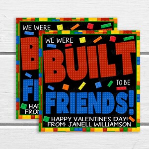 Valentine Building Block Gift Tags, Editable Boy Girl Toy Gift Tag, DIY Valentine Built To Be Friends Gift Tag, Boy Girl Valentine Tag image 1