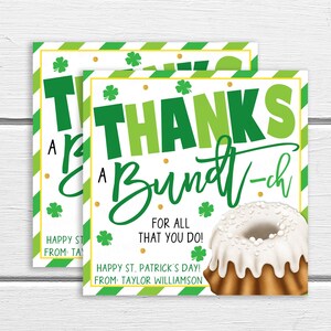 Etiqueta para presente de bolo Bundt do Dia de São Patrício, etiqueta Bundt para bolo, obrigado A Bundt-ch por tudo que você faz, equipe de agradecimento Professor Funcionário Enfermeira PTO PTA