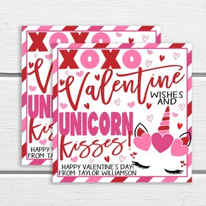 Valentinstag Einhorn Geschenkanhänger, Editierbare Einhorn Küsse Geschenkanhänger, XOXO Valentinswünsche und Einhorn Küsse, DIY VDay Klassenzimmer Schule Geschenkanhänger