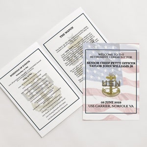 Program emerytalny starszego szefa marynarki wojennej USA, broszura dotycząca ceremonii przejścia na emeryturę E8, edytowalny szablon do wydruku do pobrania, broszura dotycząca emerytury wojskowej