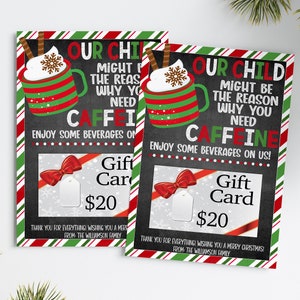 Porte-carte-cadeau de café de Noël, carte-cadeau / étiquette de remerciement modifiable, cadeau de garderie pour enseignant, PTO PTA, personnalisable