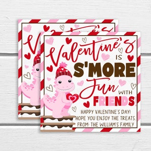 Valentine Dinosaur S&#39;more Gift Tag, Editable Dino S&#39;more Fun With Friends Gift Tag, Kids S&#39;more Gift, Marshmallow Tag, Holiday S&#39;more