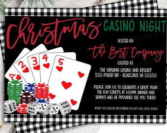 Puede incluir: Una invitación a una noche de casino navideña en blanco y negro a cuadros, organizada por "The Best Company" en The Virginia Casino and Resort. La invitación presenta cartas de juego, dados y fichas de póquer.