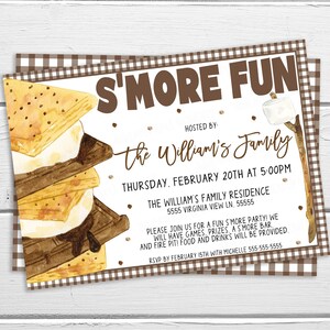 Convite S'more, cartão editável S'more Fun, S'More Bar Graduation Birthday Company, festa infantil e adulto