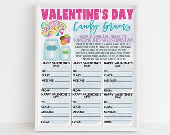 May include: A printable Valentine's Day Candy Grams form with a blue and pink background. The form has spaces to fill in the recipient's name, class, message, and sender's name. The form also includes the text "GIVE A SPECIAL TREAT TO SOMEONE THIS VALENTINES DAY!"