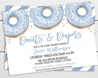 Baby Donut Invitation, Donut And Diapers Baby Shower, Sprinkled With Love Invite, Baby Boy Blue Shower, Blue Donut Sprinkle Invitation