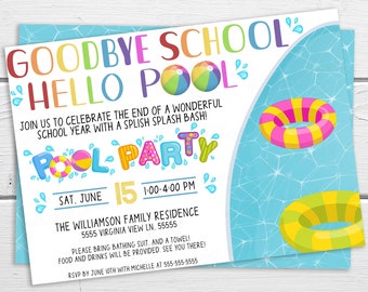 Vaarwel School Hallo Zwembad Uitnodiging, Einde Schooljaar feest uitnodigen, Pool Party, Laatste dag van schoolviering, Kleuterschool