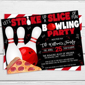 Bowling And Pizza Party Invitation, Bowling Party Card, Adult Party Invite, Kids Bowling Party, Let&#39;s Strike Up A Slice Of Fun, Editable