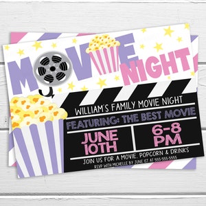 May include: A movie night invitation with a black and white film strip background. The invitation features a purple and white striped popcorn bucket, a film reel, and the text "MOVIE NIGHT". The text "WILLIAM'S FAMILY MOVIE NIGHT" is also included, along with the date "JUNE 10TH" and the time "6-8 PM".