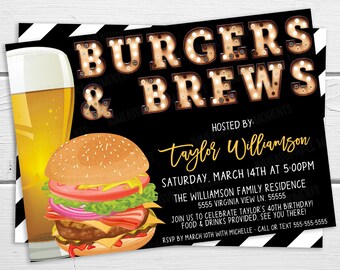 Könnte beinhalten: Eine Einladung zu einer „Burger & Brews“-Party mit einem schwarz-weiß gestreiften Hintergrund. Die Einladung zeigt einen Cartoon-Burger und ein Glas Bier. Der Text „Burger & Brews“ ist in goldenen Buchstaben mit Glühbirnen geschrieben. Die Einladung wird von Taylor Williamson ausgerichtet und findet am Samstag, den 14. März um 17:00 Uhr in der Residenz der Familie Williamson statt. Die Adresse lautet 5555 Virginia View Ln. 55555. Die Einladung gibt an, dass Essen und Getränke bereitgestellt werden. Bitte melden Sie sich bis zum 10. März bei Michelle. Rufen Sie an oder senden Sie eine SMS an 555-555-5555.