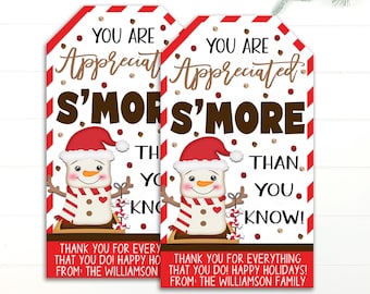 Christmas S'more Appreciation Gift Tag, Editable Employee Teacher Nurse Office Staff Appreciation Party Co-worker PTA PTO, Holiday S'more
