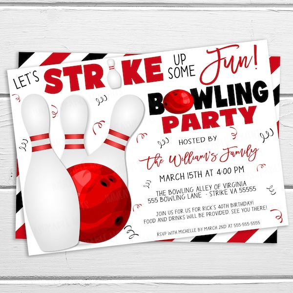Bowling Birthday Party Invitation, Bowling Party Card, Adult Party Invite, Kids Bowling Party, Let's Strike Up Some Fun, DIY Editable