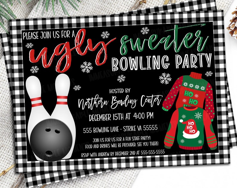 Holiday Bowling Invitation Ugly Sweater Christmas Bowling Winter Bowling Party Ugly Sweater Contest Party Editable and