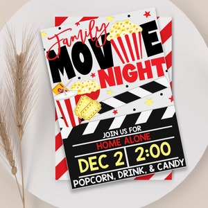 Dépliant d&#39;invitation de soirée cinéma en famille, soirée cinéma, fête d&#39;anniversaire, invitation de pop-corn, soirée cinéma modifiable