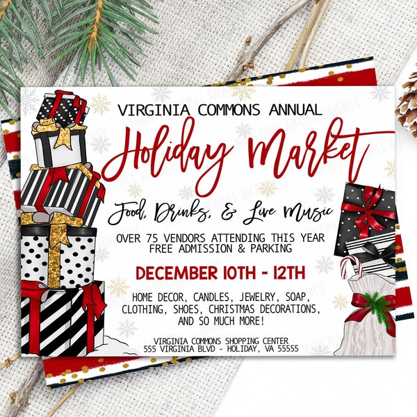EDITABLE Holiday Market Flyer Invitation, Winter Christmas Fundraiser Event Community Company Business Event Flyer, PTO PTA