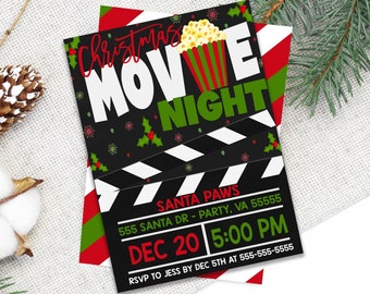 クリスマス映画ナイト招待チラシ、家族映画ナイト、映画パーティーカード、映画誕生日パーティー、学校映画ナイト、PTO PTA 編集可能