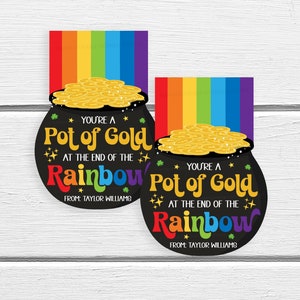 Etiquetas de regalo del Día de San Patricio, etiqueta de caramelo de St Patty, olla de oro al final de la etiqueta de regalo del arco iris, niños estudiantes de la escuela del aula del maestro