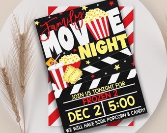 Family Movie Night Invitation Flyer, Movie Party, Birthday Party, Popcorn Invitation, Movie Night Editable