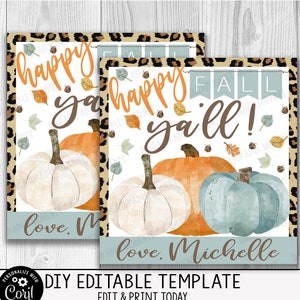 EDITABLE Fall Gift Tag, Happy Fall Ya&#39;ll Gift Tag, Watercolor Fall Tag, Digital Download