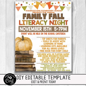 Invitación editable para el evento de alfabetización de otoño para la familia, evento de otoño para niños, evento de alfabetización escolar, descarga instantánea imprimible