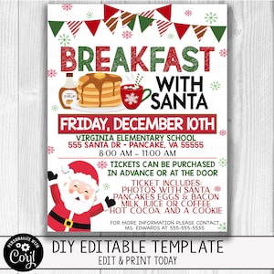 Café da manhã de Natal com Papai Noel Flyer Invitation Fundraiser, Editável, Fall School Church Company Flyer, PTO PTA