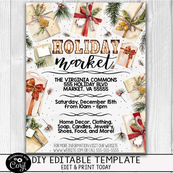 EDITABLE Holiday Market Flyer Invitation, Winter Christmas Fundraiser Event Community Company Business Event Flyer, PTO PTA