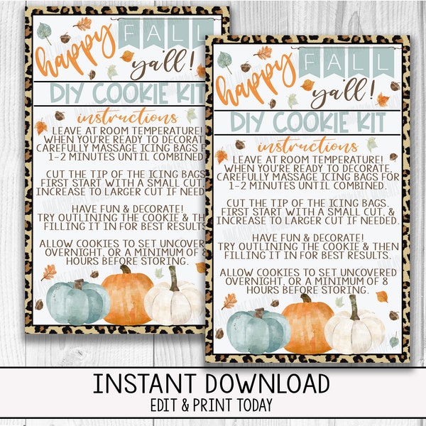 Fall Cookie Tag/Card, DIY Cookie Kit Card, Printable Cookie Kit Instructions, Happy Fall Ya'll, Instant Download