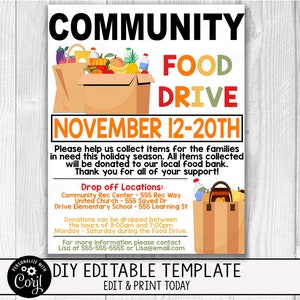 Volantino della raccolta fondi EDITABLE Community Food Drive, raccolta fondi per il cibo della Chiesa, volantino aziendale Business Food Drive, download istantaneo