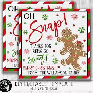 Oh Snap Christmas Treat Gift Tag, Gingerbread Holiday Cookie Tag,  Teacher Employee Nurse Company Kids Tag, Gingerbread Cookie Treat Tag